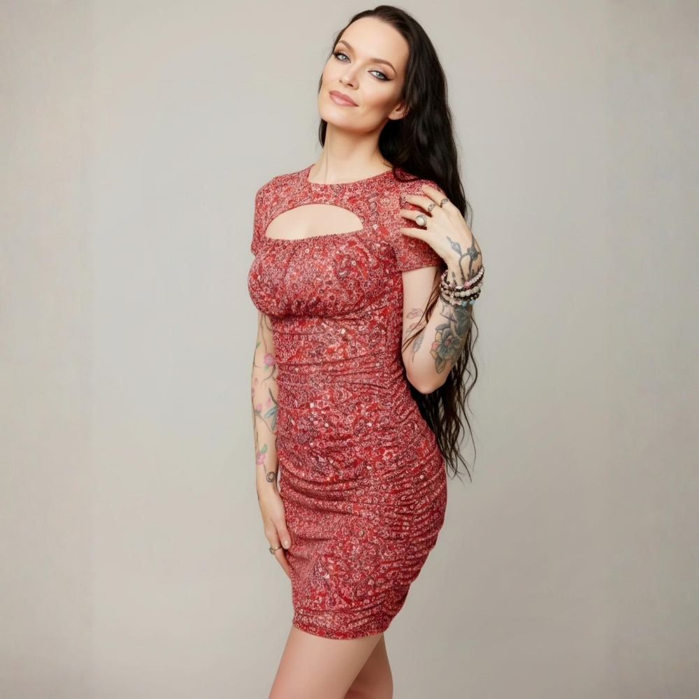Twiin ✦ Tied Mesh Mini Dress ✦ Red Pink Floral Cut‑Out Neckline XS NWT